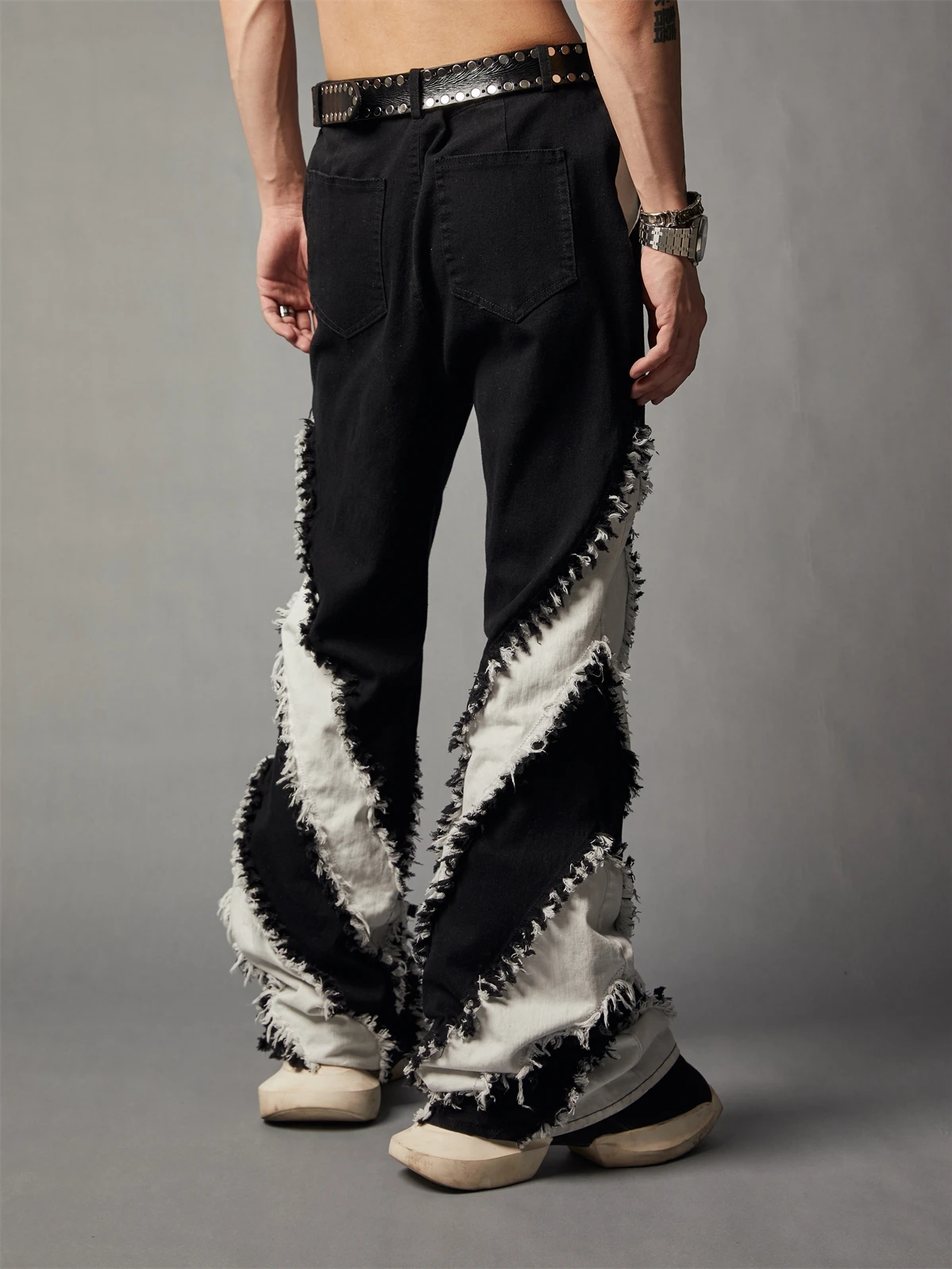 Avant-Garde Style Y2K Black and White Stitching Contrast Color Tassel Washed Jeans Men and Women's Casual Flared Pants Trousers