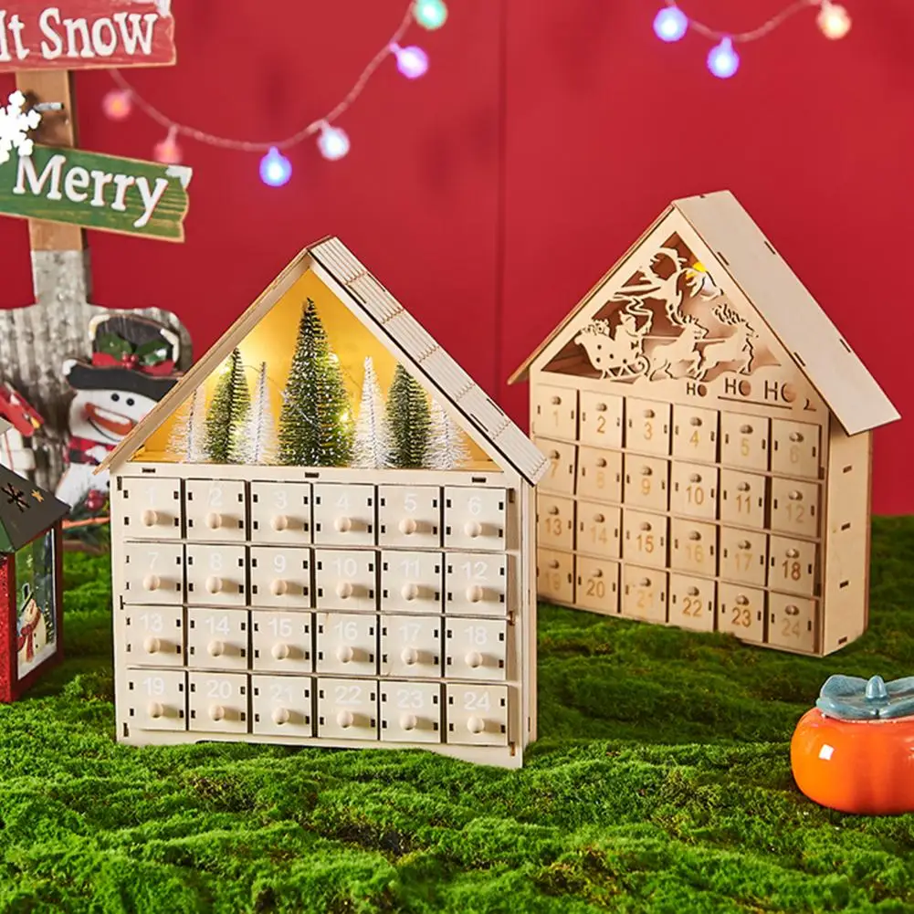 Christmas Advent Calendar Rustic Wooden 24 Empty Drawers Decorative Christmas Countdown Calendar House Shape Xmas
