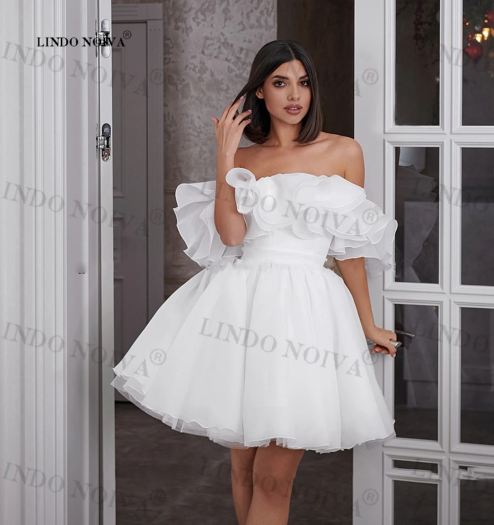 

LINDO NOIVA Sexy White Organza Wedding Dresses Layered Ruffles Short Bride Gown Off Shoulder Mini A Line Vestidos De Novia