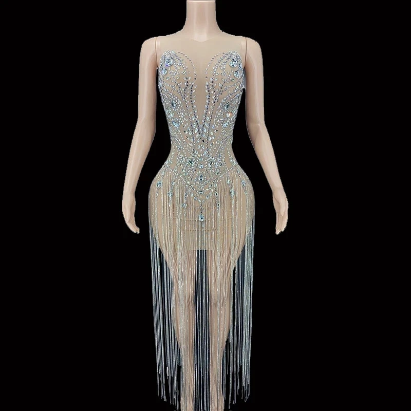 

Wedding Evening Birthday Celebrate Rhinestones dresses Sparkly Sexy Crystals Fringes Transparent Sleeveless Singer Dress
