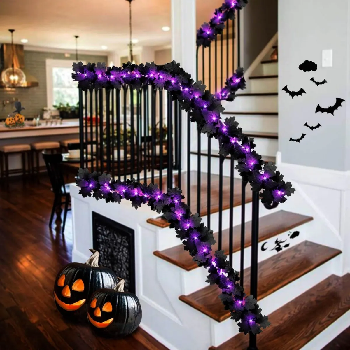 Halloween LED Black Leaf Garland - Battery Powered Fall Vine with Purple Lights