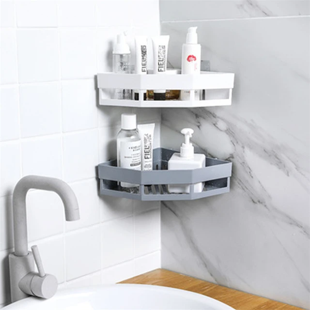 Estantes de baño blancos sin taladro, estante de almacenamiento de esquina  de ducha montado en la pared, organizador de champú, soporte de inodoro a  prueba de óxido - AliExpress