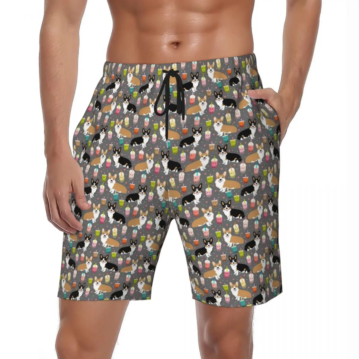 

Corgi Boba Board Shorts Summer Cute Dogs Print Y2K Funny Board Short Pants Male Sports Fast Dry Printed Swim Trunks