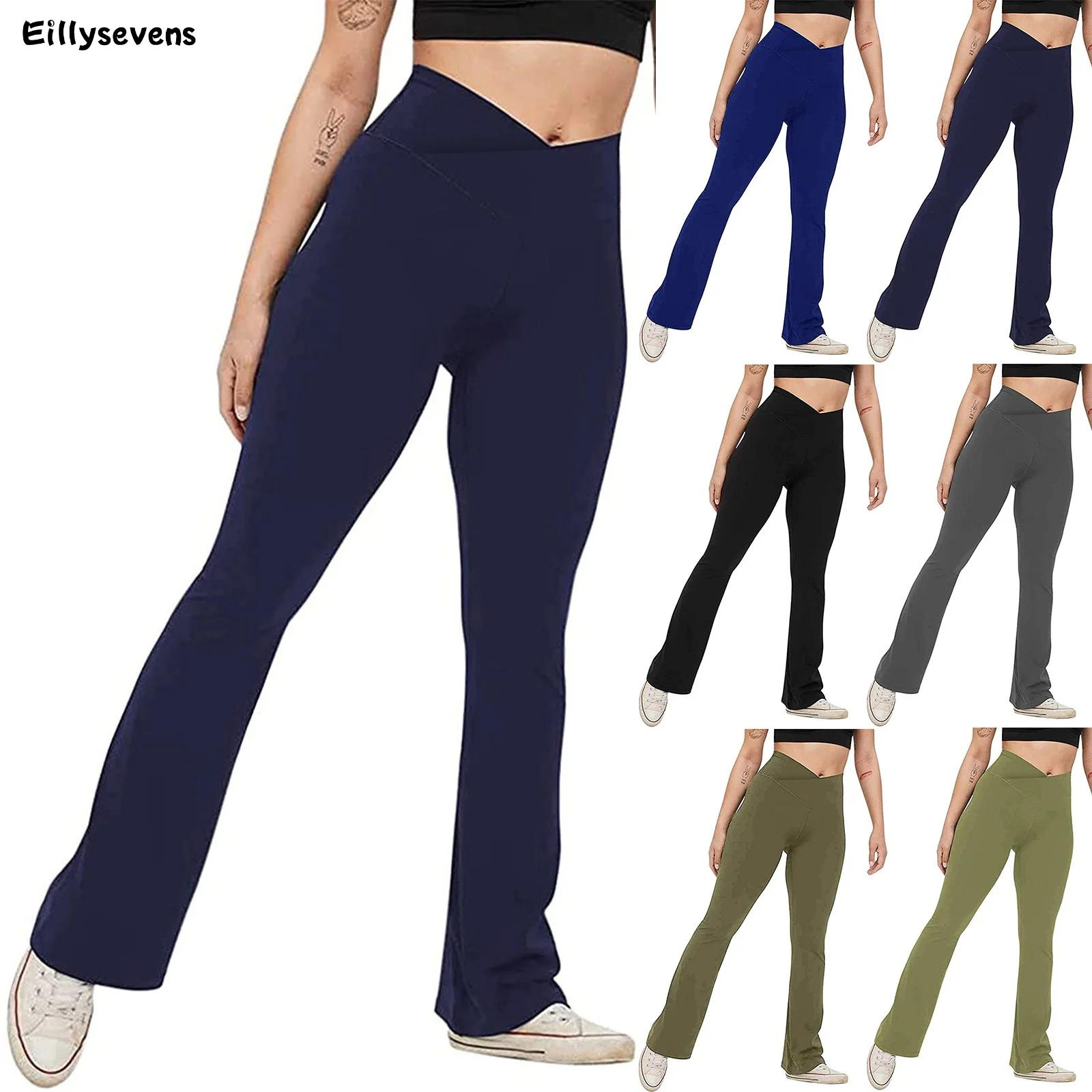 

2023 Middle Waist Flare Pants For Women Tummy Control Workout Long Trousers Cross Wide Leg Streetwear Fashion Leggings Yoga Pant