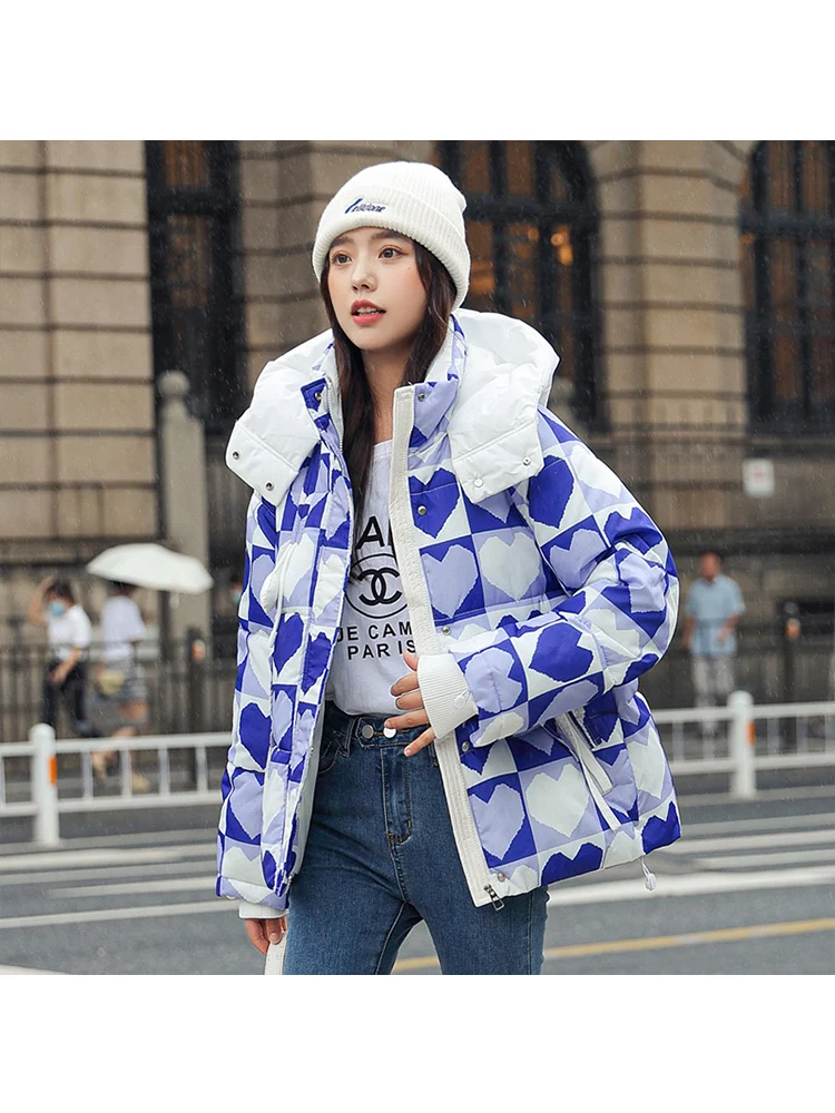 

2022 Autumn Winter Warm Bread Parkas Short Cotton Padded Coats Casual Thick Cotton Coat Female Parkas Print Jackets Women