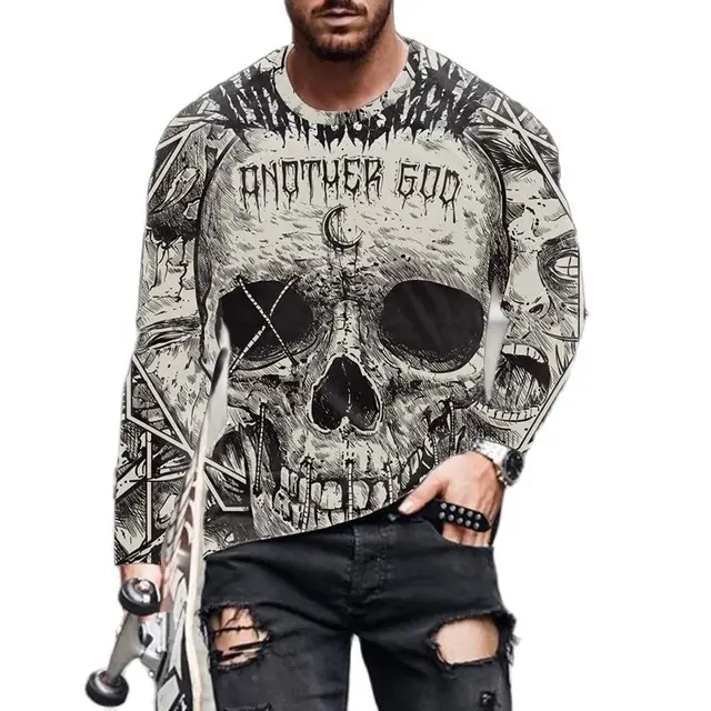 Skull Print T-shirt Men's Casual Sports 3d Long-sleeved Shirt Street Trend European and American Youth Loose Round Neck T-shirt 3