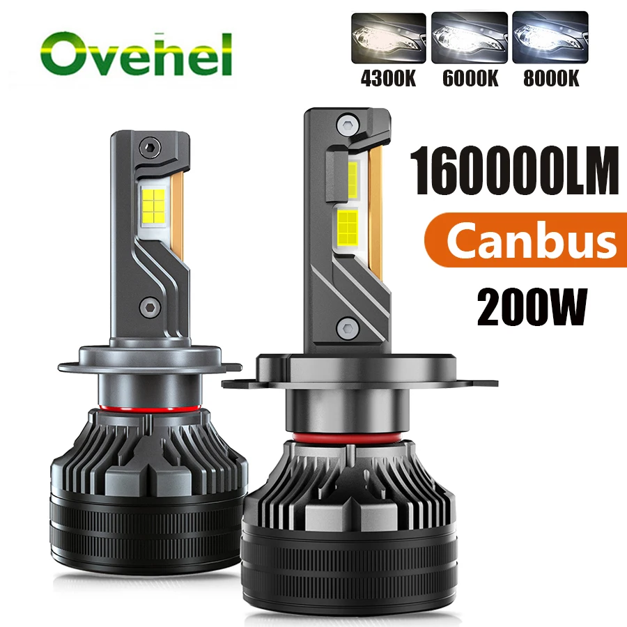 

OVEHEL H7 Led Headlight Bulb 160000LM H4 LED H11 HB3 9005 HB4 9006 200W 4300K 6000K 3 Copper Tube K5C Led Light Kit for Car 12V