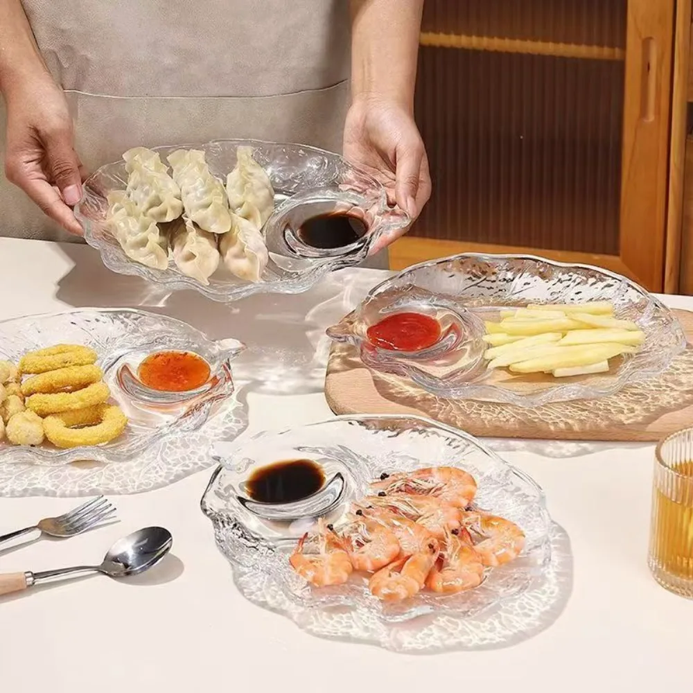 Grid Leaf Glass Dumpling Plate,Creative Fruit Sushi Fries Dish with Vinegar Household Dumpling Plates Unique Transparent Trays 6