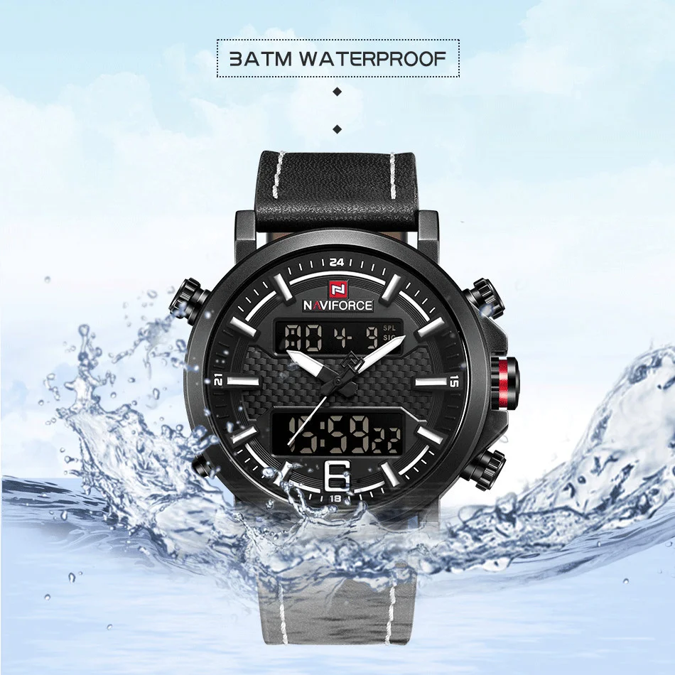Dual Display Quartz Watch For Men Digital Clock Luxury Casual Waterproof Clock Luminous Leather Strap Men Watch Reloj Hombre
