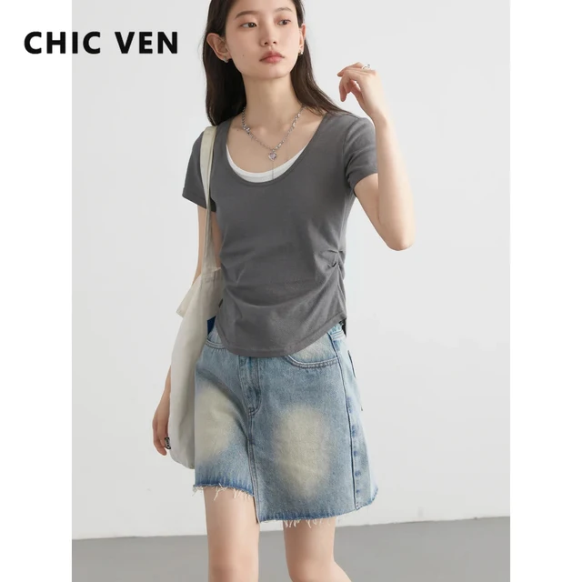 Chic Ven Women T Shirts New U Neck Contrasting Color Pleated Female Tees Short Sleeved Woman.jpg