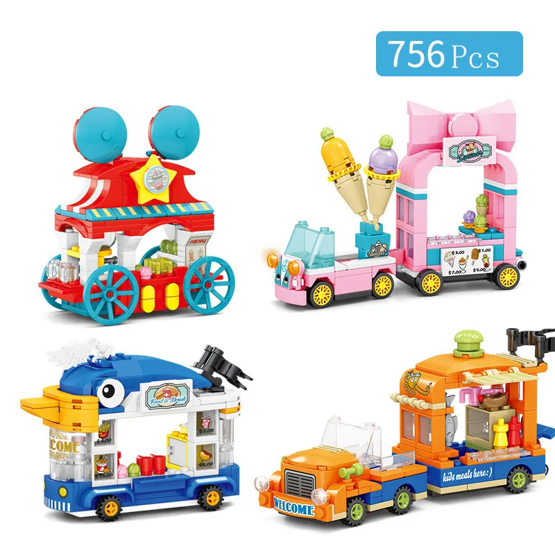 

City Street View Series Milk Tea Shop Octopus BBQ Ice Cream Burger House Building Blocks Bricks Toys