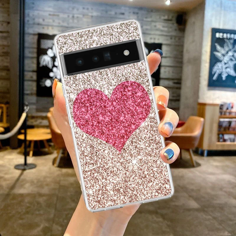 Gold Pink Rose Glitter Hearts Shockproof Soft TPU Transparent Phone Case