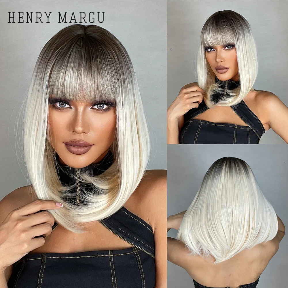 

HENRY MARGU Medium Length Straight Blonde Bob Wig for Women Ombre Synthetic Wigs with Bangs Daily Party Hair Heat Resistant Wig