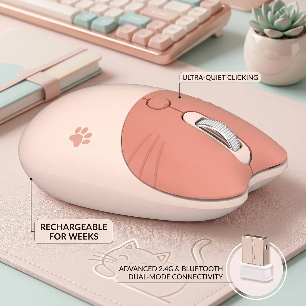 귀여운 고양이 무선 배터리 마우스, 여성용 휴대용 무소음 클릭 미니 디자인 마우스, 노트북 PC 사무실 컴퓨터 마우스용