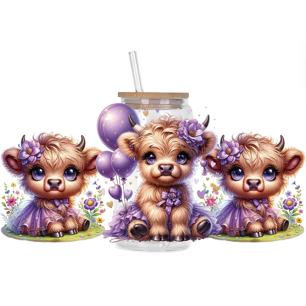 Highland cattle series Easy peel waterproof DIY Decals 3D transfers uvdtf crystal stickers 16oz uv dtf cup wraps for Glasses