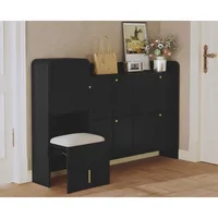 Modern Shoe Cabinet with 4 Flip Drawers, Large Shoe Storage Cabinet with Hidden Stool & Adjustable Shelves, Wood Shoe Rack Organ 1