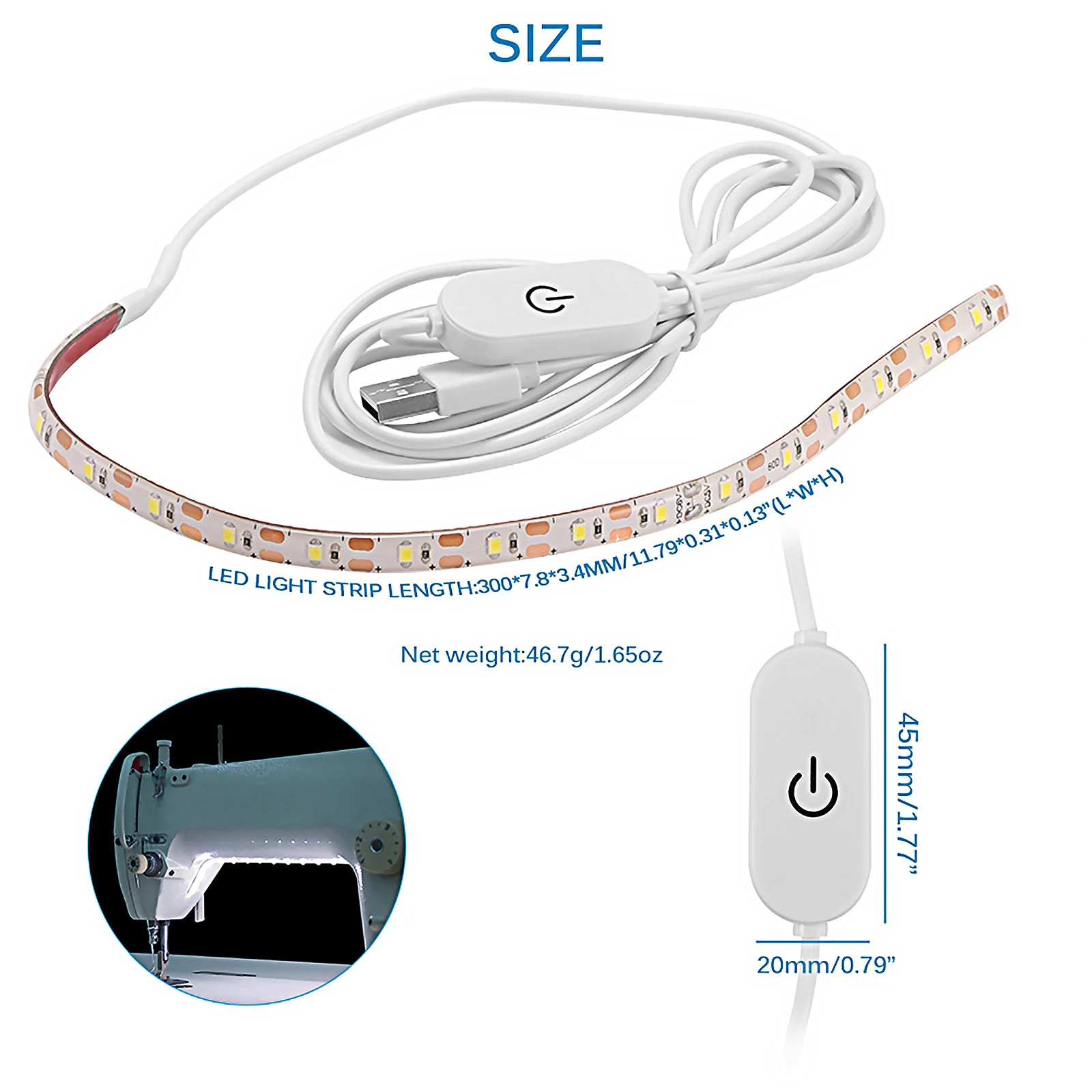 LED 재봉틀 라이트 스트립 키트, SMD 2835 화이트 USB 전원, 터치 스위치 포함, 데스크탑 캐비닛 주방용 조명 스트립, 30cm