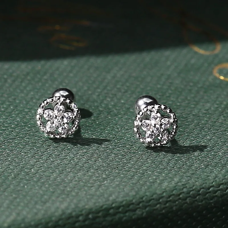 925 Sterling Silver Hollowed Flower Zircon Small Stud Earrings For Women Piercing High Quality Jewelry Wholesale Free Shipping