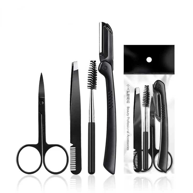 Eyebrow Trimmer Set Stainless Steel Scissors Tweezers Comb Razor