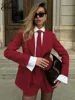 Oymimi Elegant Red Women's Two Pieces Set Fashion Long Sleeve Pockets Tie Button Blazers And High Waisted Simple Shorts Sets 4