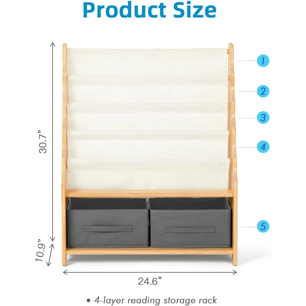 27.6" L x 11" W x 34" H Toddler Bookshelf Equipped with 4 Sling Book Shelf 2 Toy Organizer Shelves and Storage Boxes 6