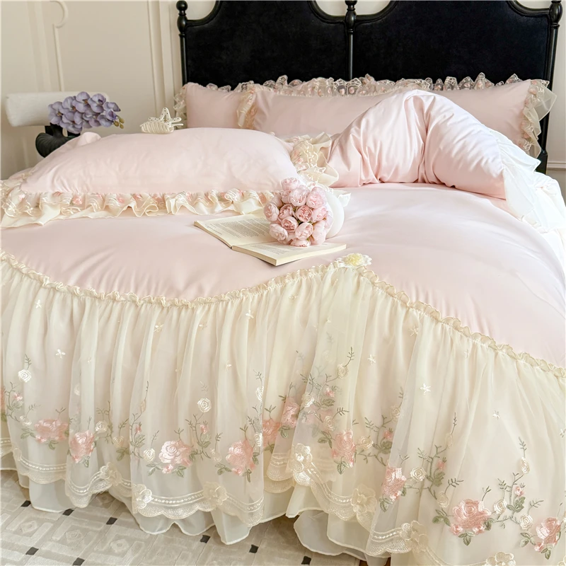 4Pcs Princess Wedding Bedding Set Korean Style Lace Flowers Embroidery Duvet Cover Bed Sheet/Fitted Sheet/Bed Skirt Pillowcases 3