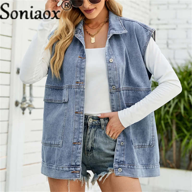 New Turndown Collar Sleeveless Women'S Vest 2022 Summer Denim Waistcoat Fashion Casual Jean Jacket Ladies Holes Loose Coat Gilet fashion broken holes solid color denim jacket ladies comfortable casual loose button cardigan coat streetwear women s outerwear