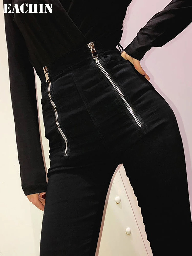 

EACHIN Double Zipper High Waist Black Pants Women Fashion Streetwear Trousers Female New Casual Gothic Pants Harajuku Sweatpants