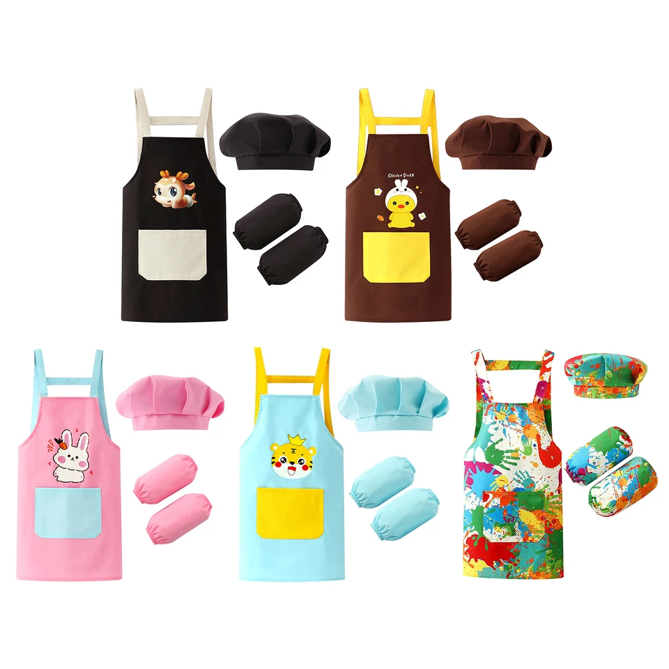 Huiguli Grembiule da Pittura Bambini e Cappello, Grembiulino Impermeabile Maniche Lunghe con Tasche per 6-12 Anni, Grembiulino Bambini per Cucina Pittura Artigianato