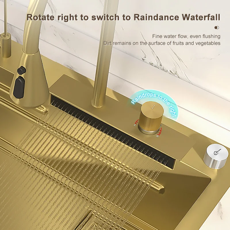 Golden Stainless Steel Kitchen Sink Waterfall Sink Large Single Slot Multifunctional Washbasin With Waterfall Faucet For Kitchen