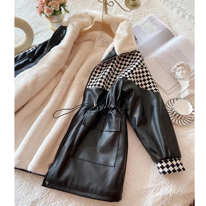

Autumn Winter New 2023 Coat Women's Section With Velvet Thickening Loose Stitching Checkerboard PU Leather Cotton-Padded Jacket