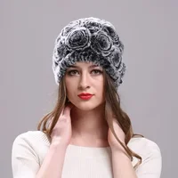 Real Rex Rabbit Fur Cap Elastic Knitted Hat for Women Floral Design Winter Woman Brand Caps Winter Accessories Fur Hat Wholesale 2