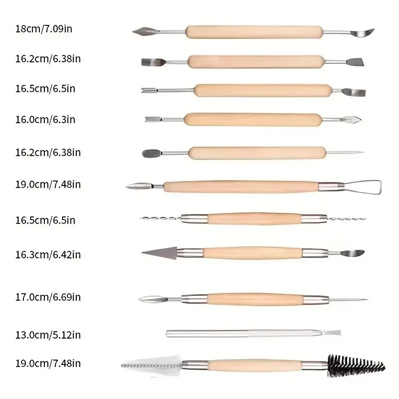 11pcs Pottery Clay Sculpting Modeling Tool Set Double-Sided Ceramic Polymer Clay Carving Tools Kit Smooth Wooden Handle