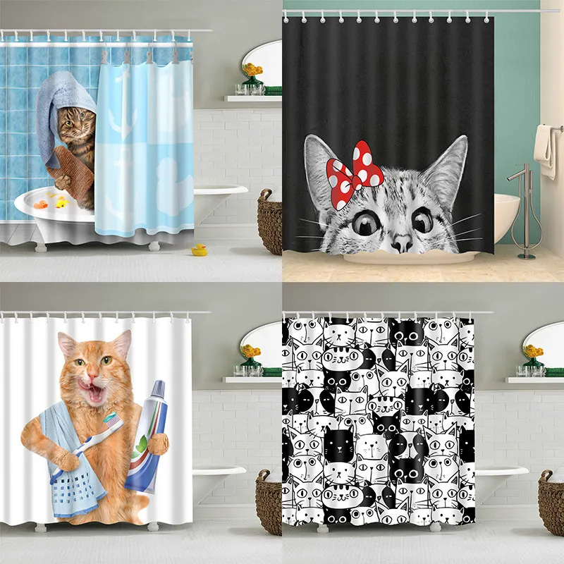 Cat Shower Curtain 3D Print Bathroom Waterproof Polyester Curtain Octopus Washable Bath Decor Curtains with 12 Hook
