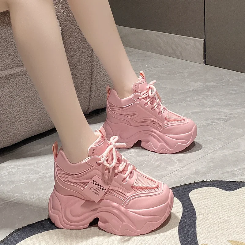 

10CM High Heels Autumn Chunky Sneakers for Women 2024 New Platform Sports Mesh Shoes Woman Lace-up Thick Bottom Dad Shoes Ladies