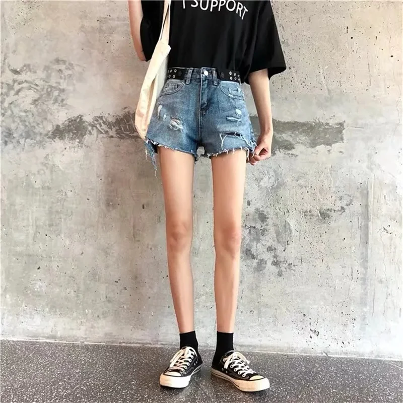 2022 denim shorts women's summer new Korean version loose all-match thin hot pants hole low waist women's pants large size
