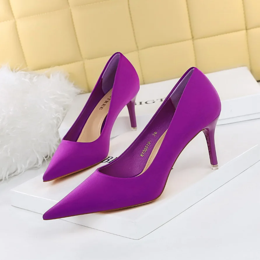 BIGTREE Spring Women Green 7.5cm High Heels Silk Pumps Designer Purple
