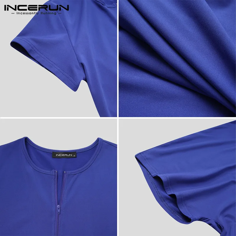 Men Bodysuits INCERUN Men Pajamas Rompers Solid Short Sleeve V Neck Zipper Cozy Sleepwear Playsuits Fitness Leisure Men Jumpsuit Homewear