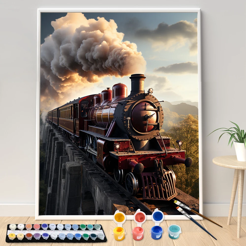 

Oil Painting by Numbers Kit Hand Paint Steam Train Street Scene, DIY Seascape Acrylic Artwork, Art Gift, Home Decoration