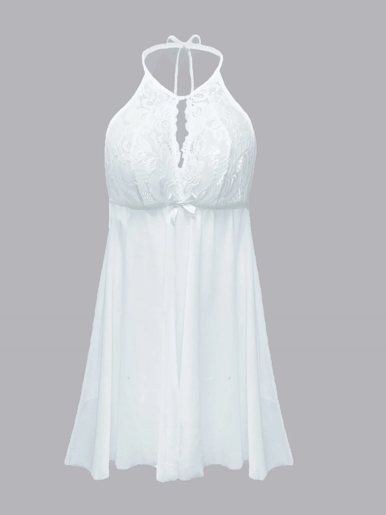 38425-b13d06.jpg English: Women White Halter Neck Lace Babydoll Lingerie Dress Hollow Front Bow Sheer Mesh Loose Sleepwear Sexy Nightgown - Image 1