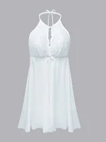 English: Women White Halter Neck Lace Babydoll Lingerie Dress Hollow Front Bow Sheer Mesh Loose Sleepwear Sexy Nightgown