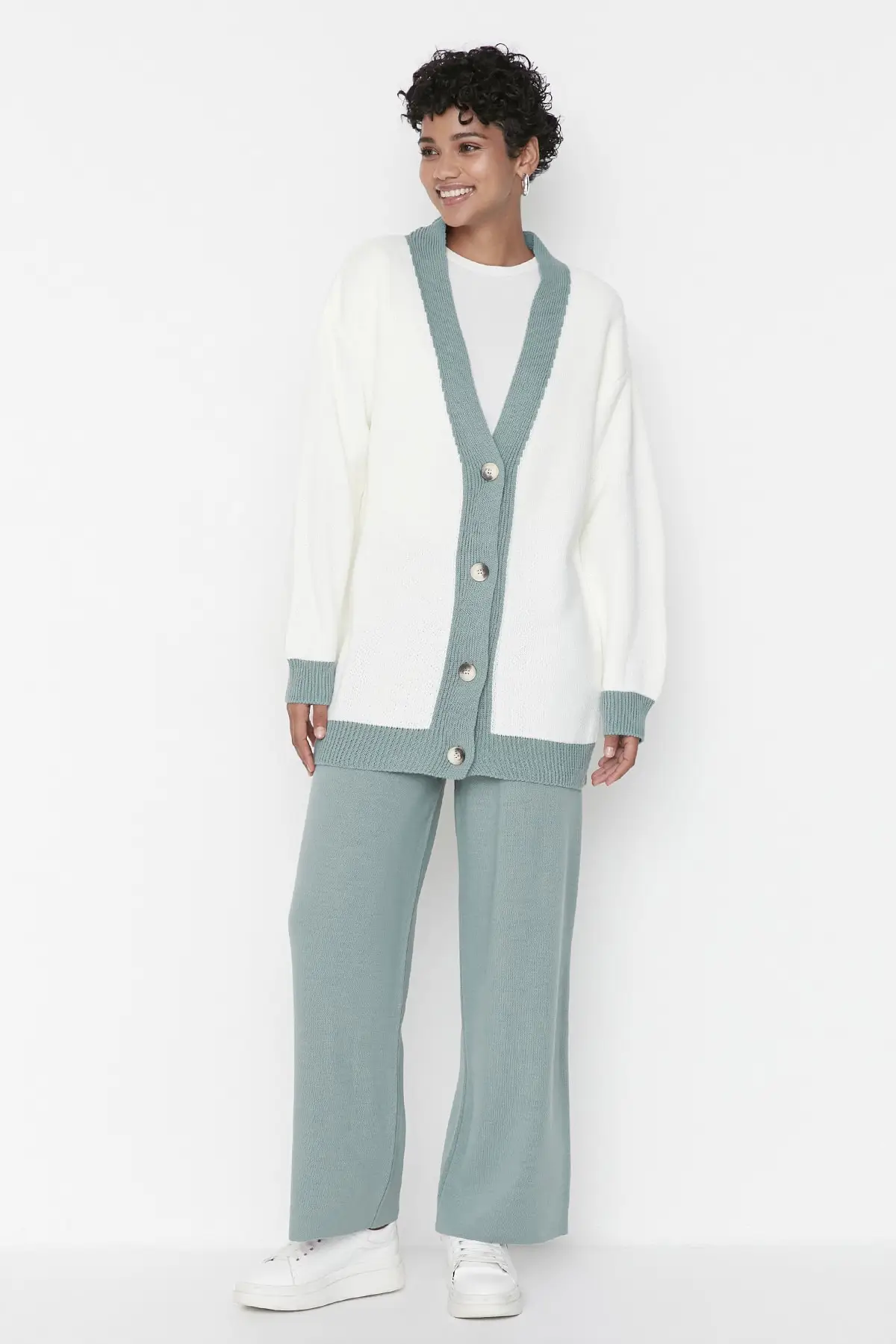 

Green Stripe Detailed Knitwear Lower Top Team TCTAW22AU0156 Wrinkle-resistant Long Color Block Acrylic Casual V-Collar