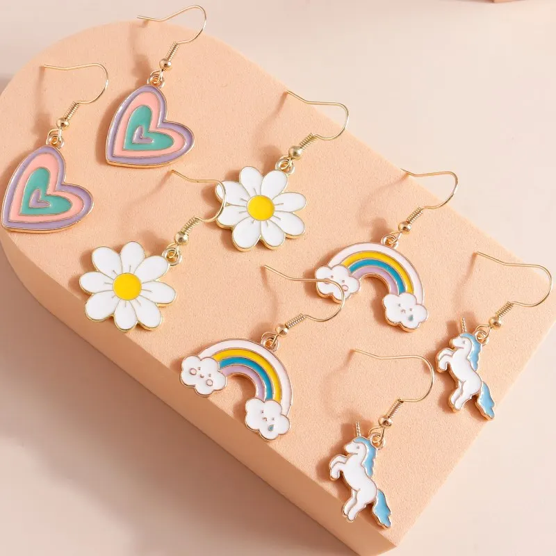 4 paare/satz Mode Regenbogen Blume Liebe Herz Tropfen Ohrringe für Frauen Mädchen Party Urlaub Schmuck Geschenke – Detail 3