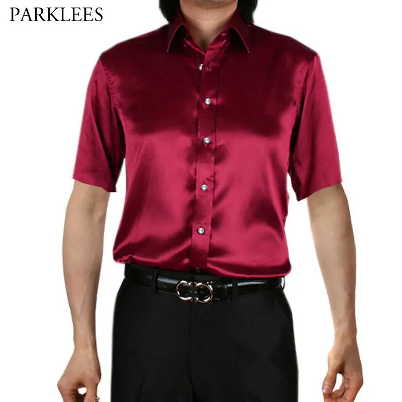 Stylish Gold Silk Satin Shirt Men Chemise Homme 2019 Casual Short Sleeve Slim Fit Mens Dress Shirts Business Camisa Masculina 2