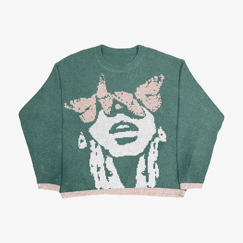 Harajuku Knit butterfly portrait graphic Knitted Sweater jumper Women