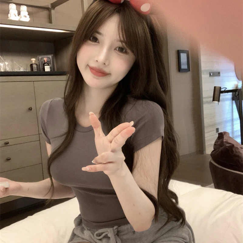 Szexi póló női nyári vékony póló női, egyszínű, rövid ujjú koreai Kpop vékony O-nyakú póló női ruhák Top943_voghion.com