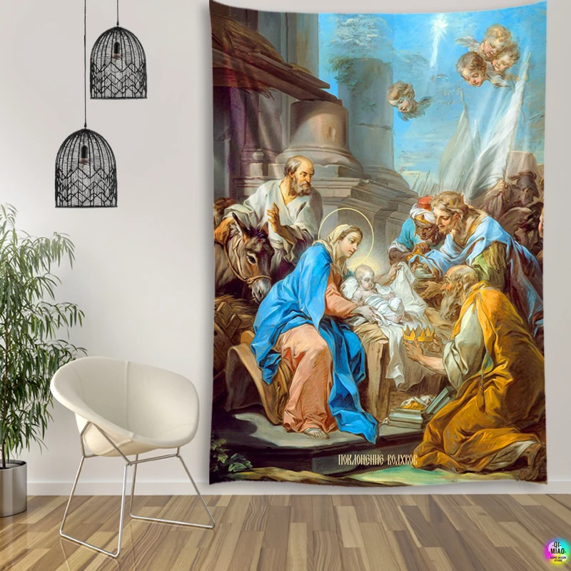 Weihnachten Gobelin Krippen Szene Wand Hängen Jesus Engel Ostern Wand Decor Christus Wandteppiche Geburt Krippe Für Home Dekoration – Detail 8