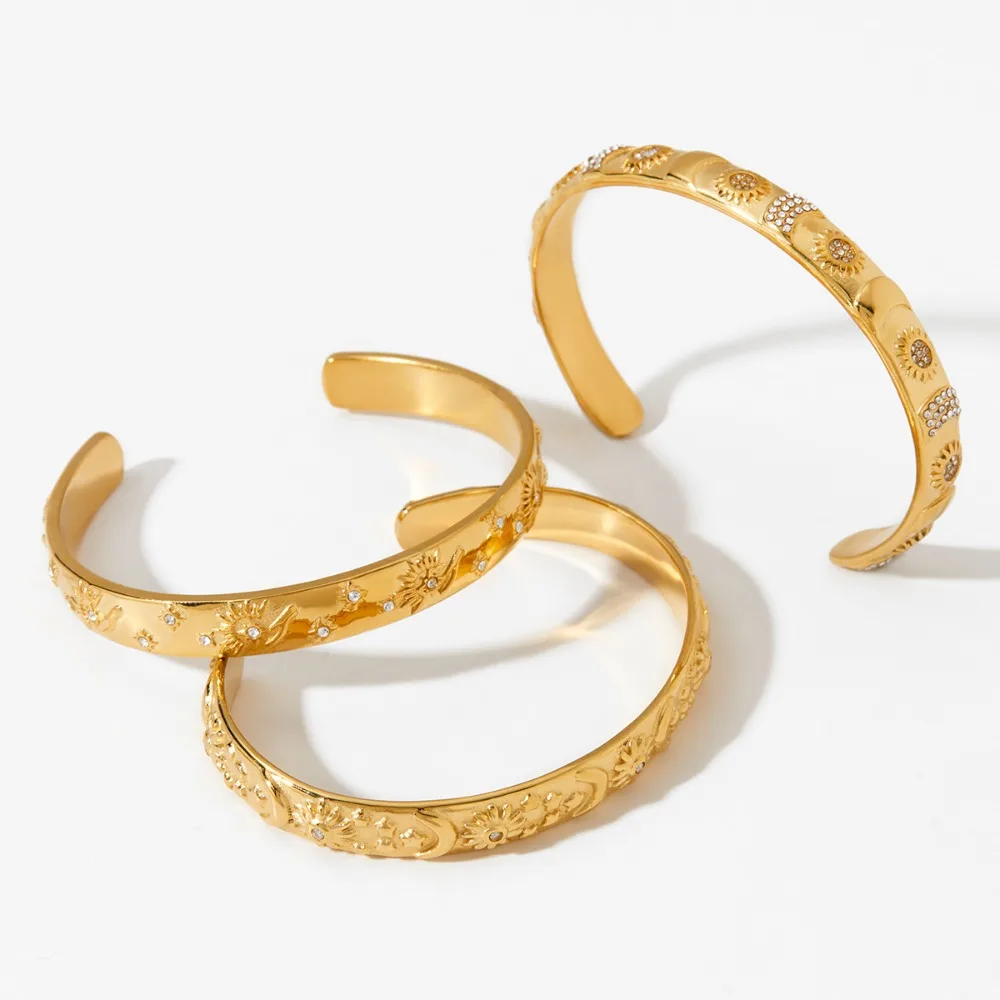 Luxury Stainless Steel Sun Moon Star Opening Bangle Bracelets Design Waterproof Zircon 18K Gold Plated Bracelet Charm Jewelry