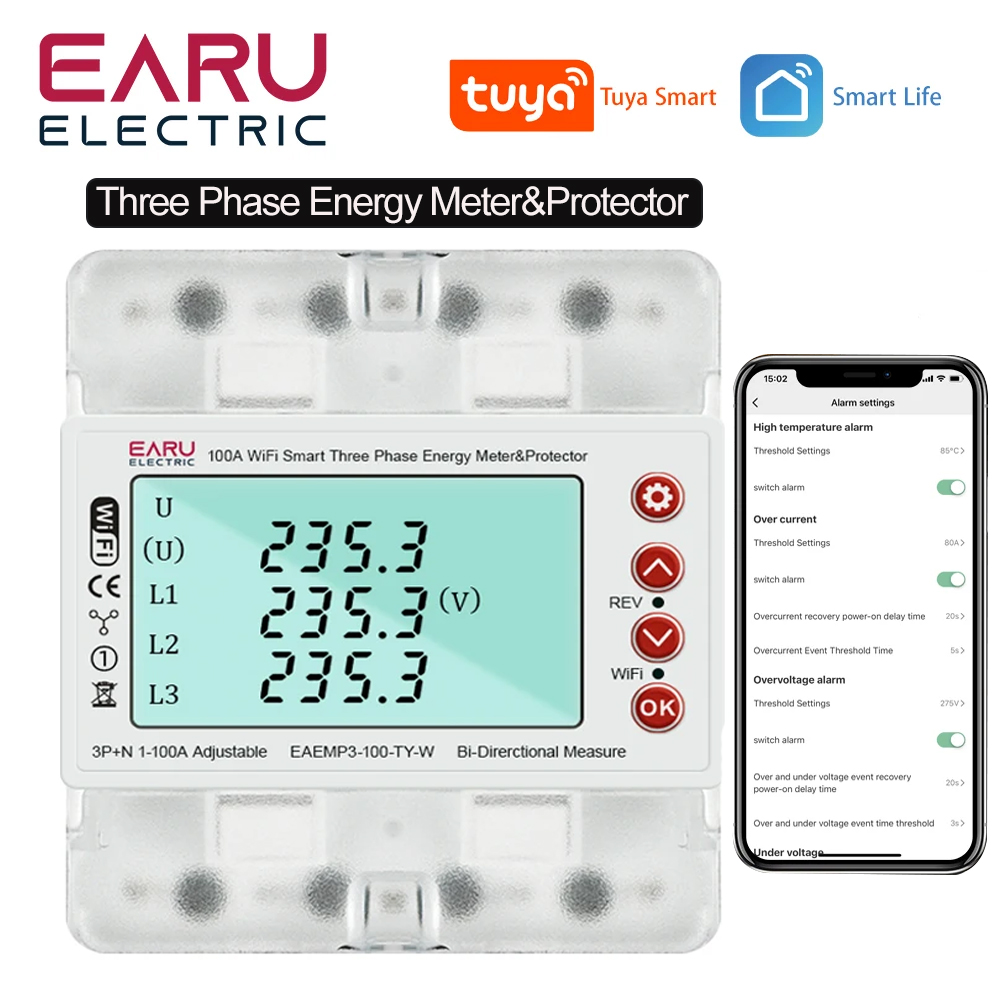 3 Phase 380V 100A Tuya WiFi Smart Bi-Directional Energy Power kWh Meter Over Under Voltage Protector Relay Switch Current Limit