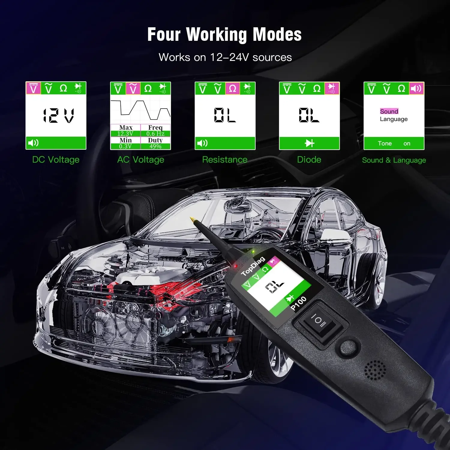 Topdiag P100 전원 회로 프로브 키트, 전기 테스터 도구, 전압 테스터, 12 V, 24V, 과부하, 짧은 자동차 프로브 펜 진단 도구